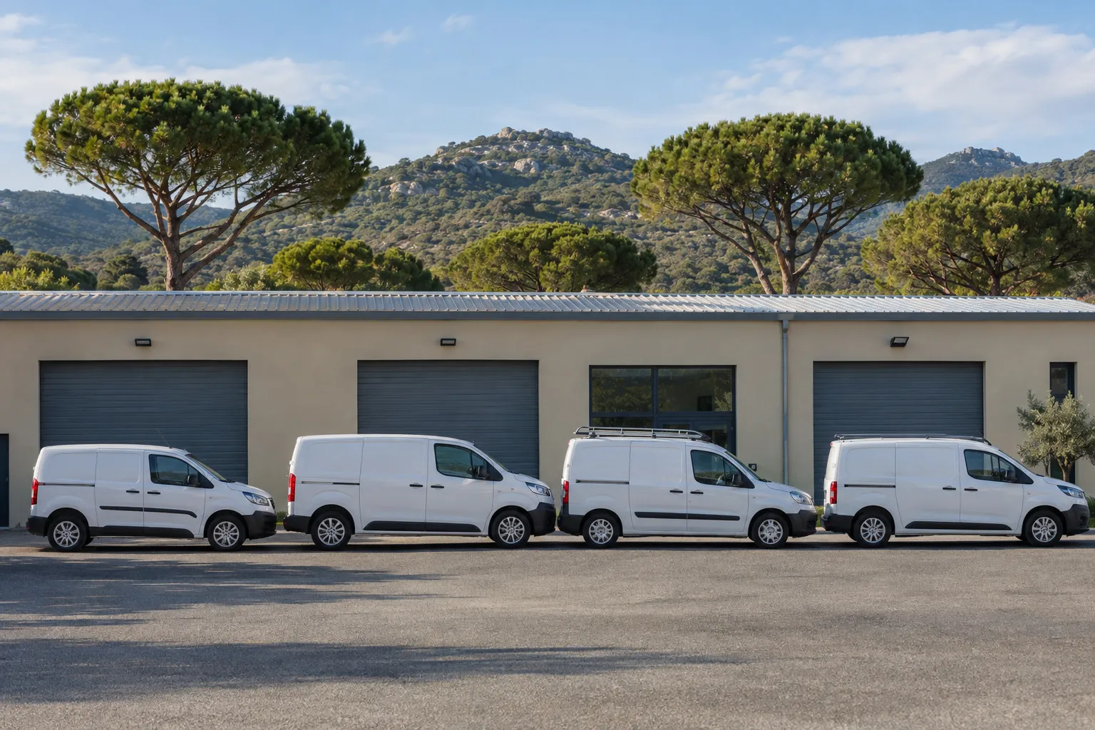 Parking d’une zone d’activité provençale : un entrepôt bas aux murs beiges, quelques véhicules garés en ligne, pins parasols et des collines de garrigue en fond.